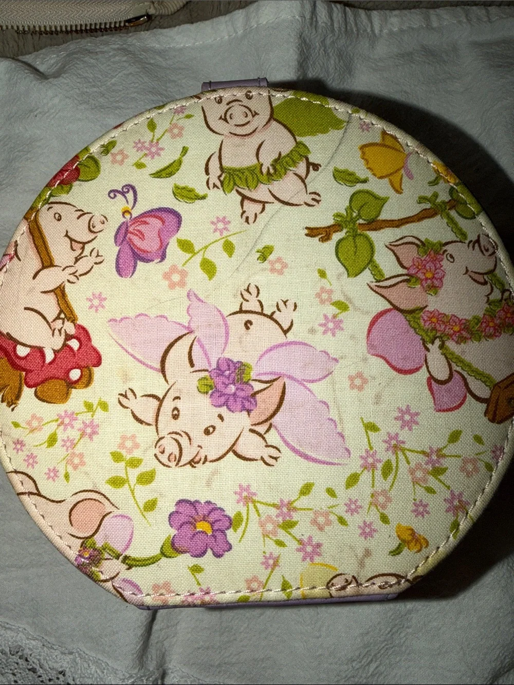 Vintage 90s Enesco This Little Piggy Round Cosmetic Vanity Box Case Lilac Rare